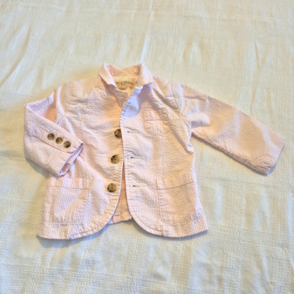 Hope & Henry boys 12-18 months pink & white stripe seersucker lined blazer VGUC